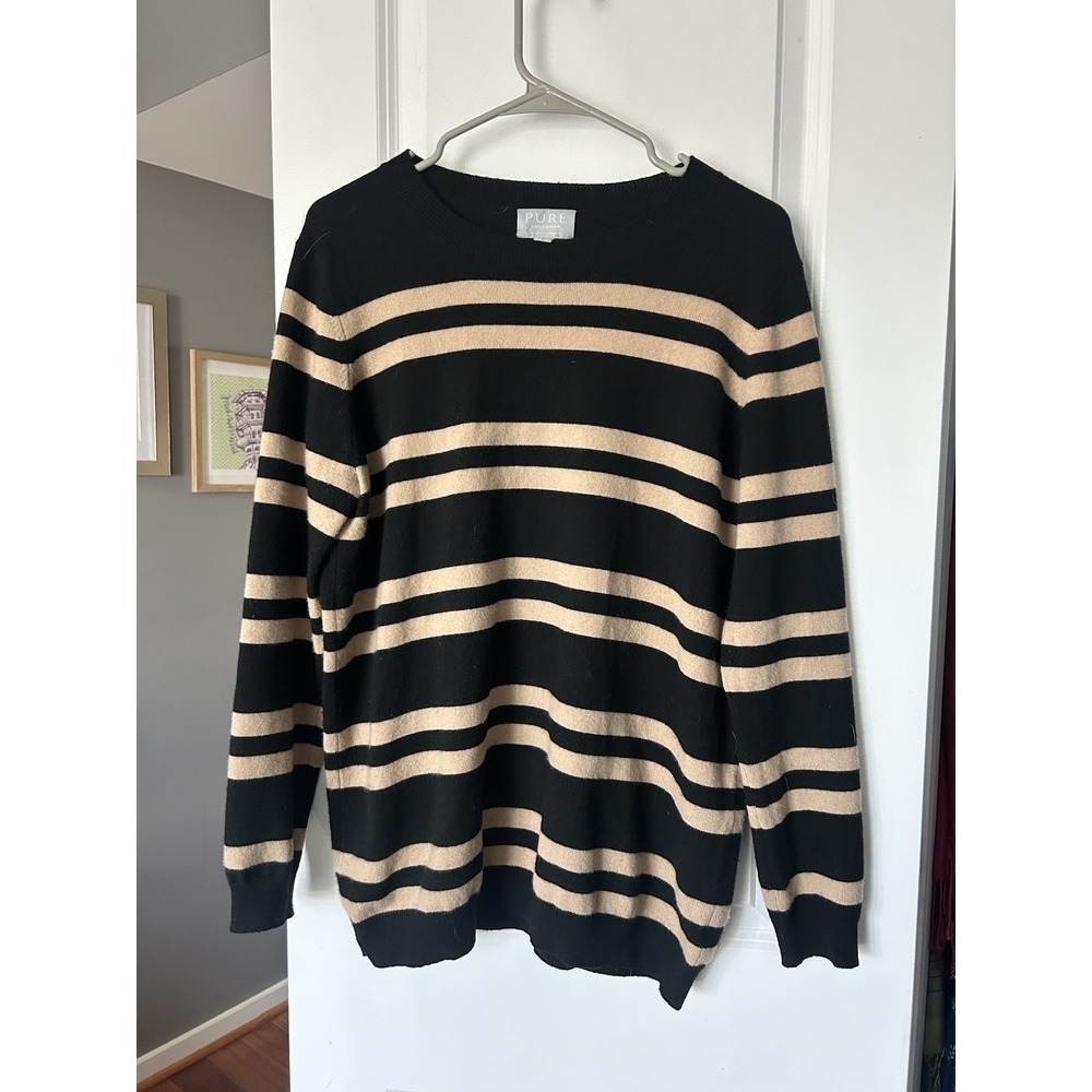 PURE Collection 100% Cashmere Sweater Beige Black Striped Size Large
